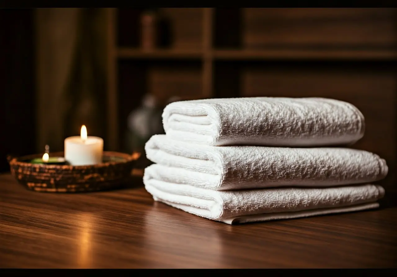 A serene spa setting with neatly folded white towels. 35mm stock photo