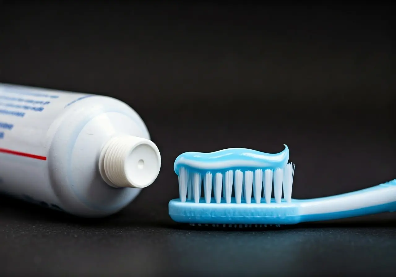 A close-up of a whitening toothpaste tube and toothbrush. 35mm stock photo