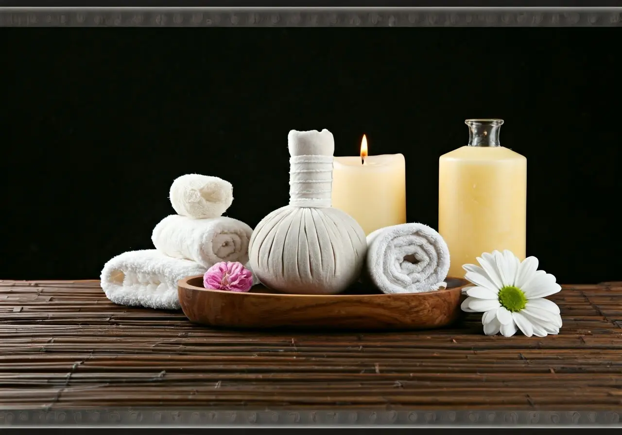 A serene spa setting with flowers and calming candles. 35mm stock photo