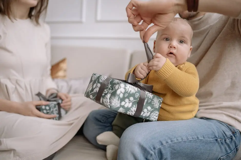 An adorable baby with parents opening a green gift box indoors, brings a sense of warmth and family joy.