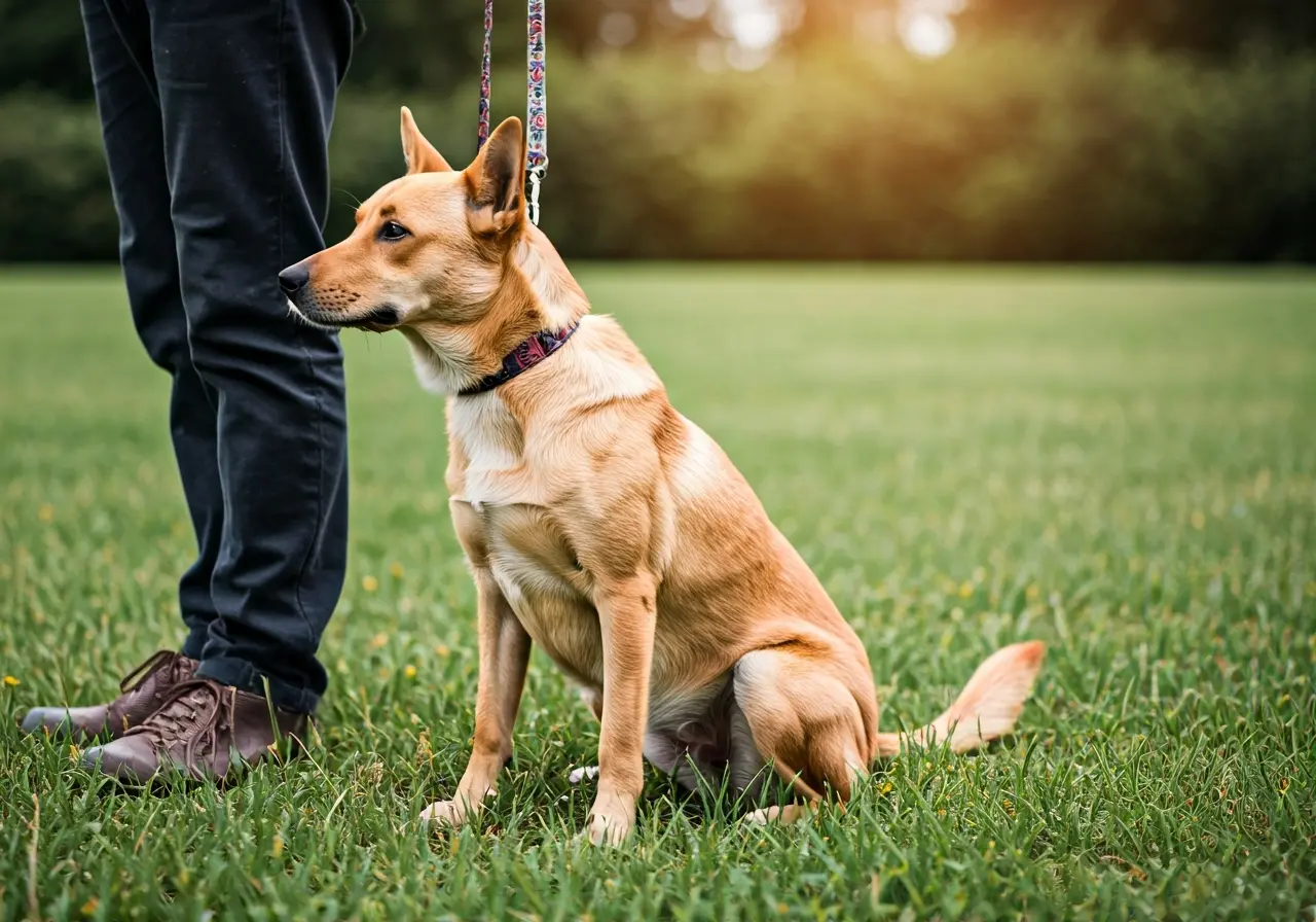 A calm dog sitting peacefully beside its owner on grass. 35mm stock photo