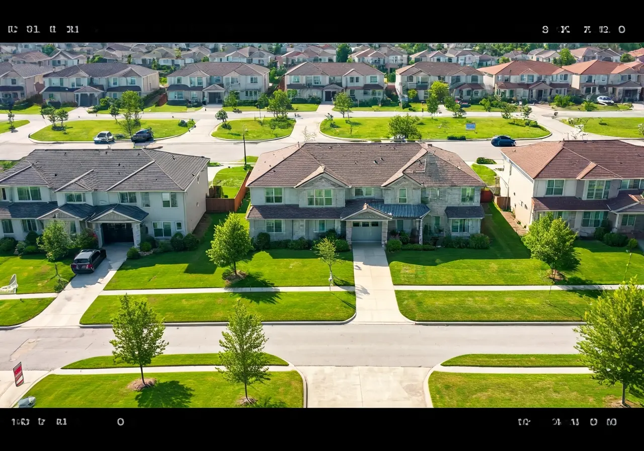 Aerial view of suburban homes with For Sale signs. 35mm stock photo