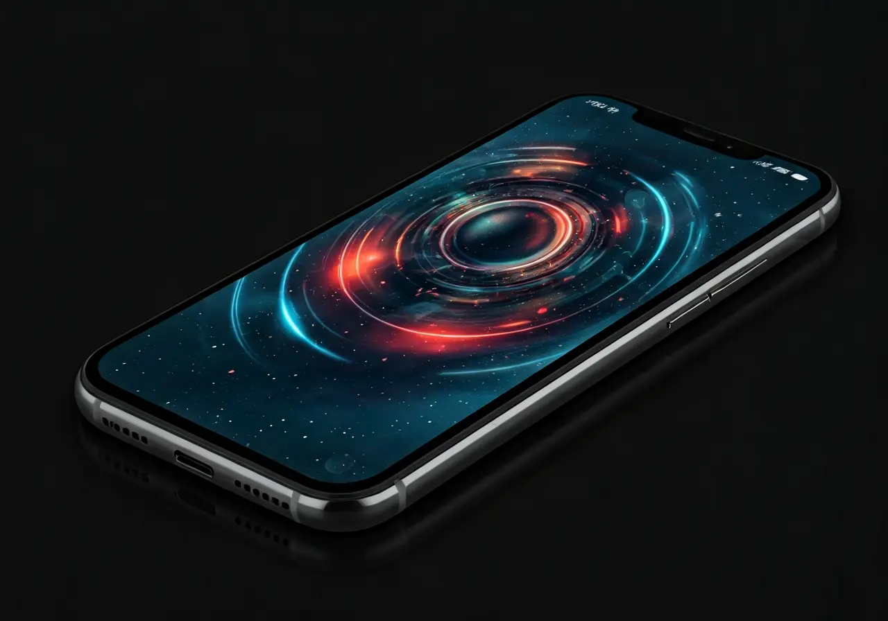 A sleek smartphone displaying vibrant, futuristic app interface designs. 35mm stock photo