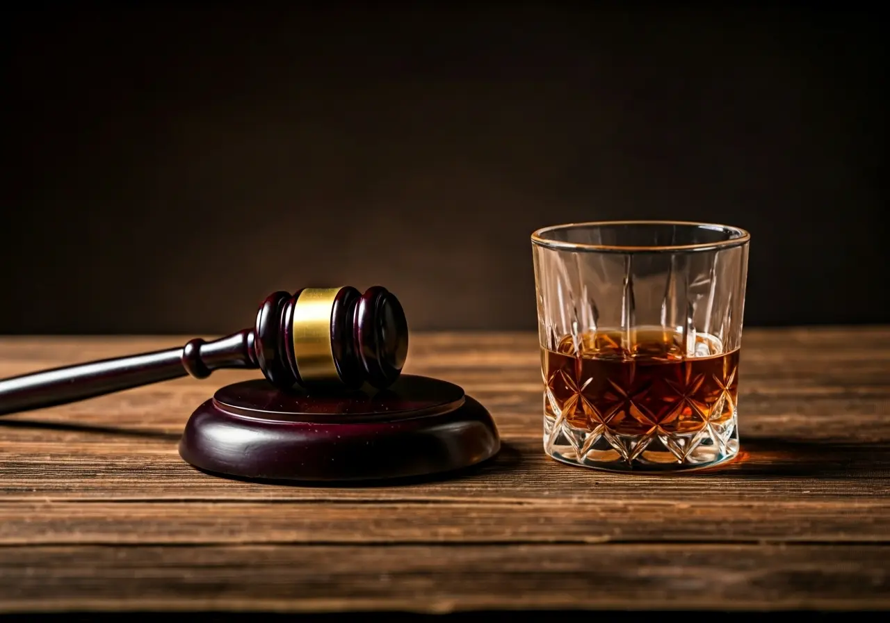 A gavel beside a glass of whiskey on a table. 35mm stock photo