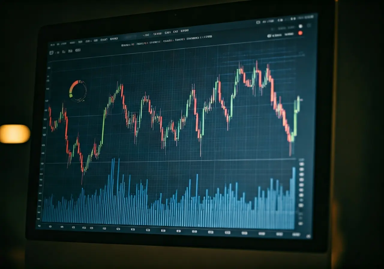 A computer screen displaying financial graphs and charts. 35mm stock photo