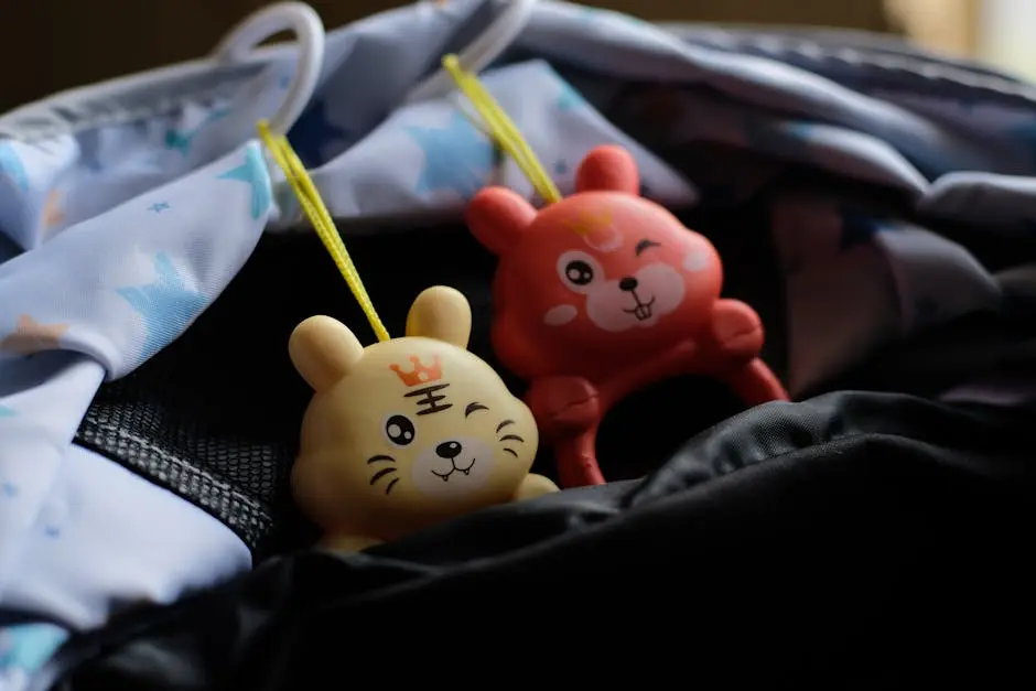 Charming animal character toys hang on baby carriage, adding a touch of fun and cuteness.