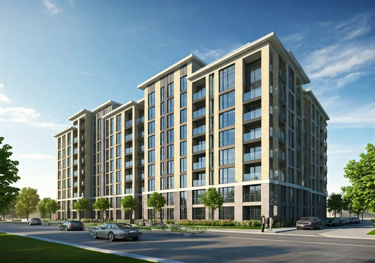 A detailed 3D rendering of a modern residential building. 35mm stock photo