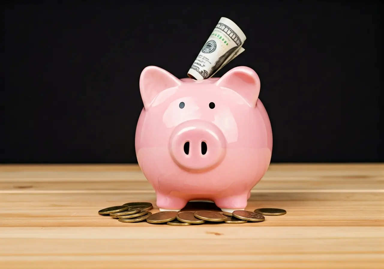 An overflowing piggy bank with dollar bills and coins. 35mm stock photo