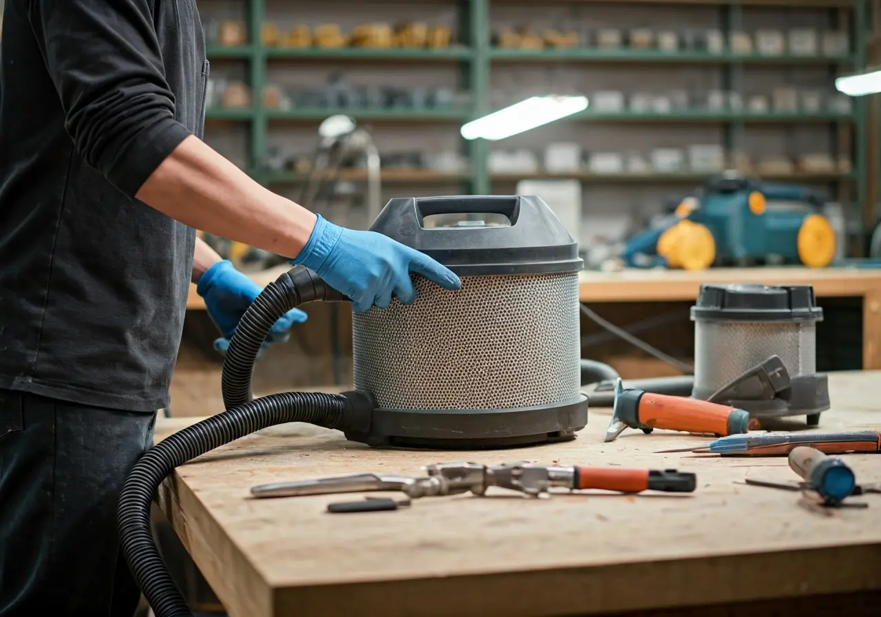 A modern workshop using a HEPA vacuum and dry-cutting tools. 35mm stock photo
