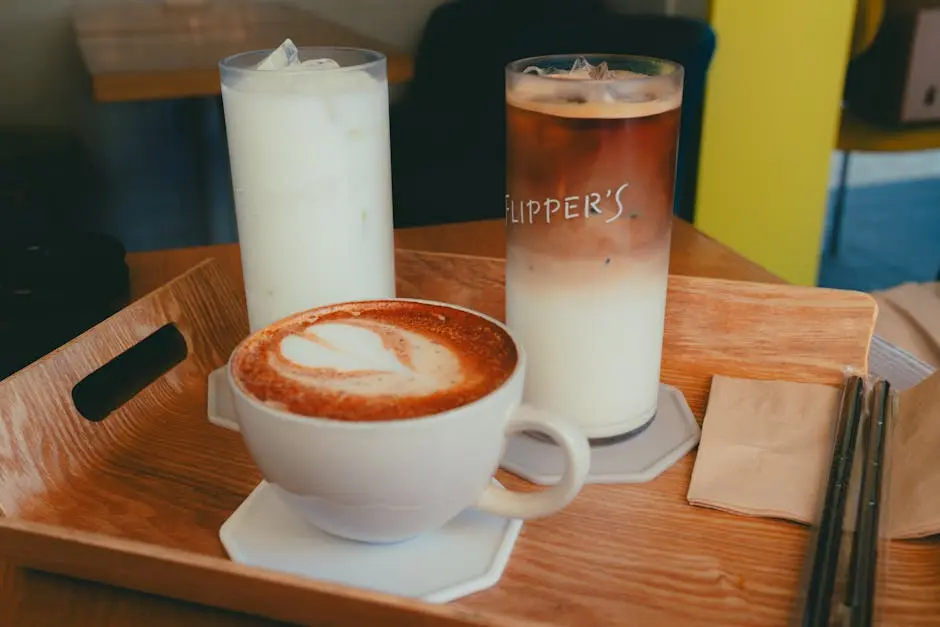 A variety of coffee drinks on a wooden tray, perfect for a cozy cafe vibe.