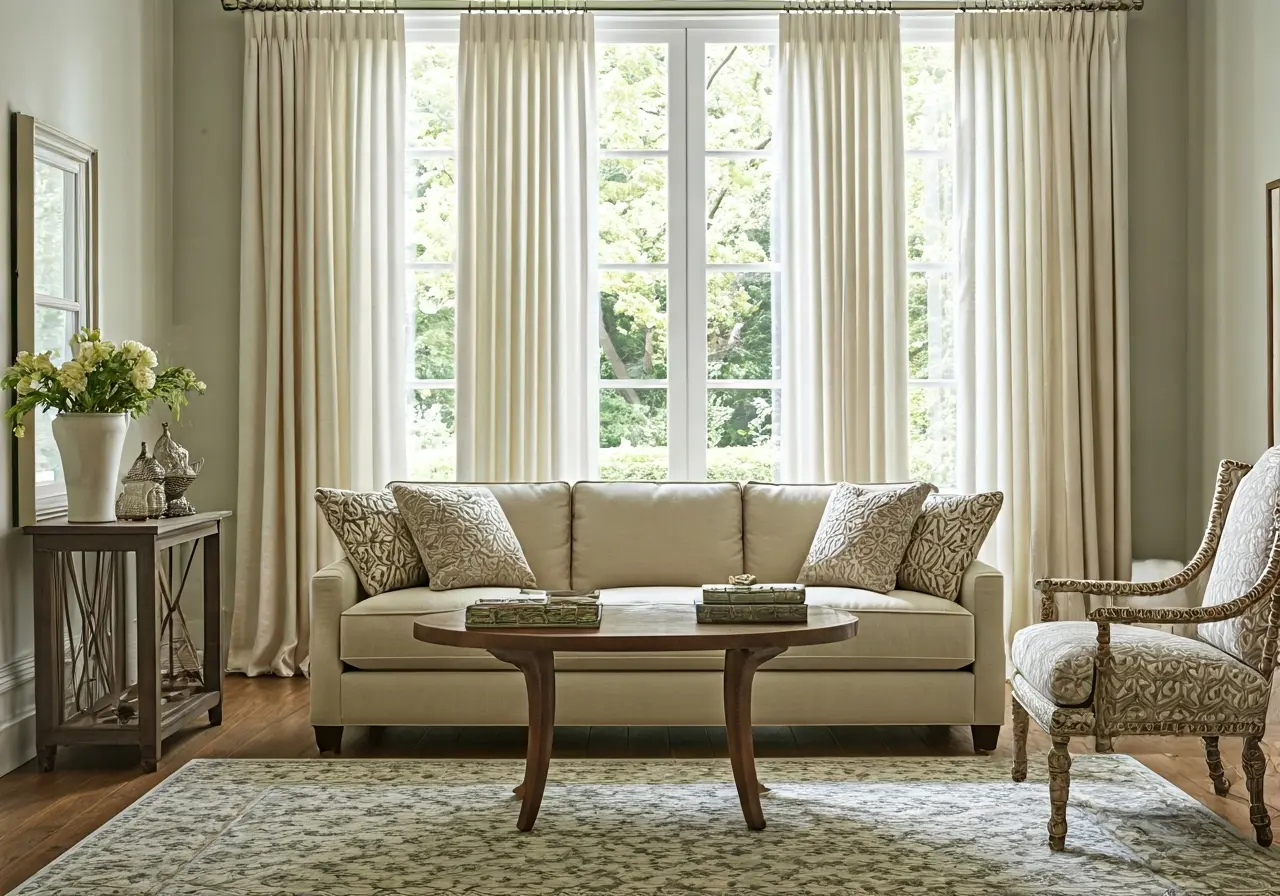 A beautifully arranged living room with neutral, inviting decor. 35mm stock photo