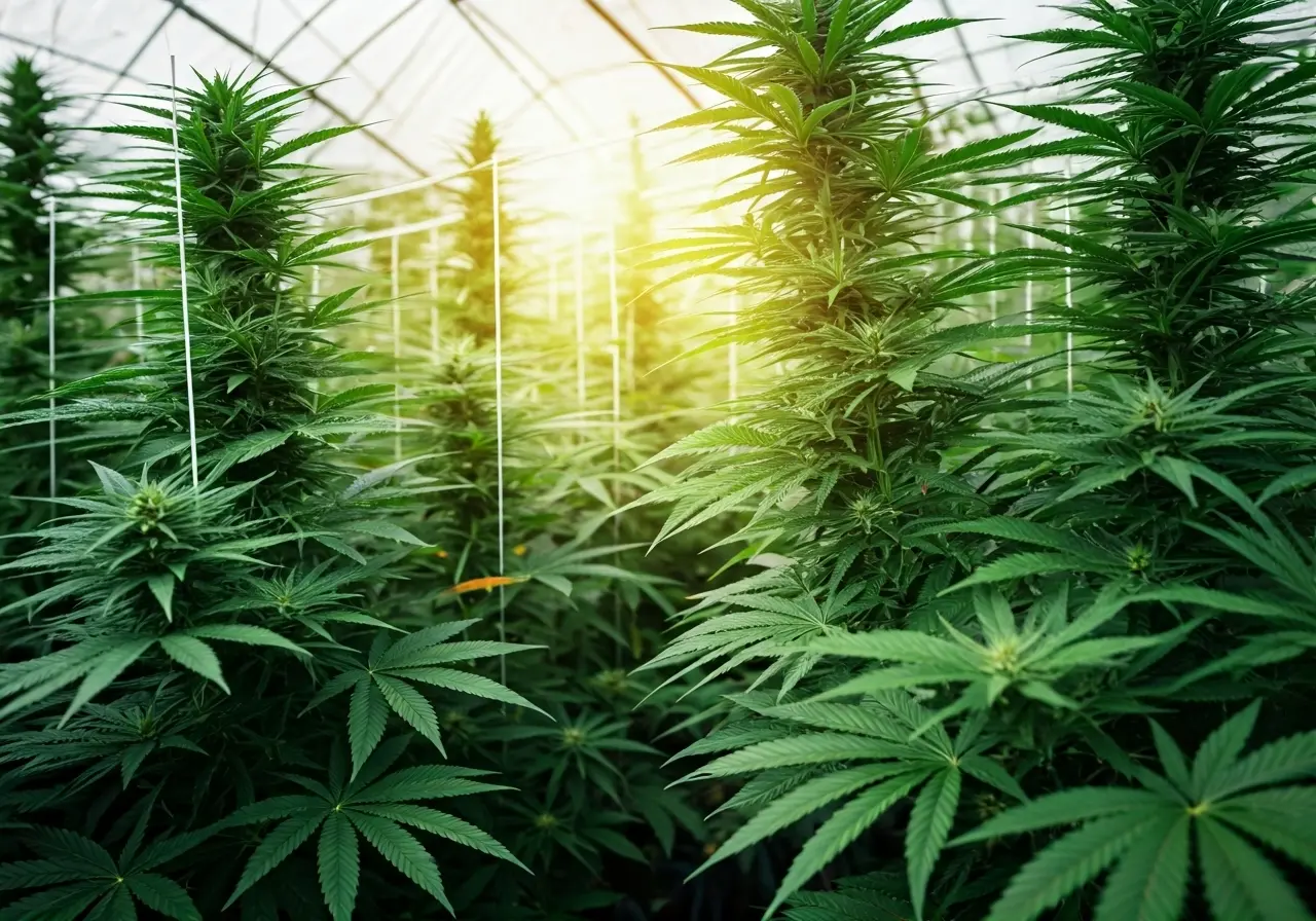 A lush cannabis greenhouse with sun rays filtering through. 35mm stock photo