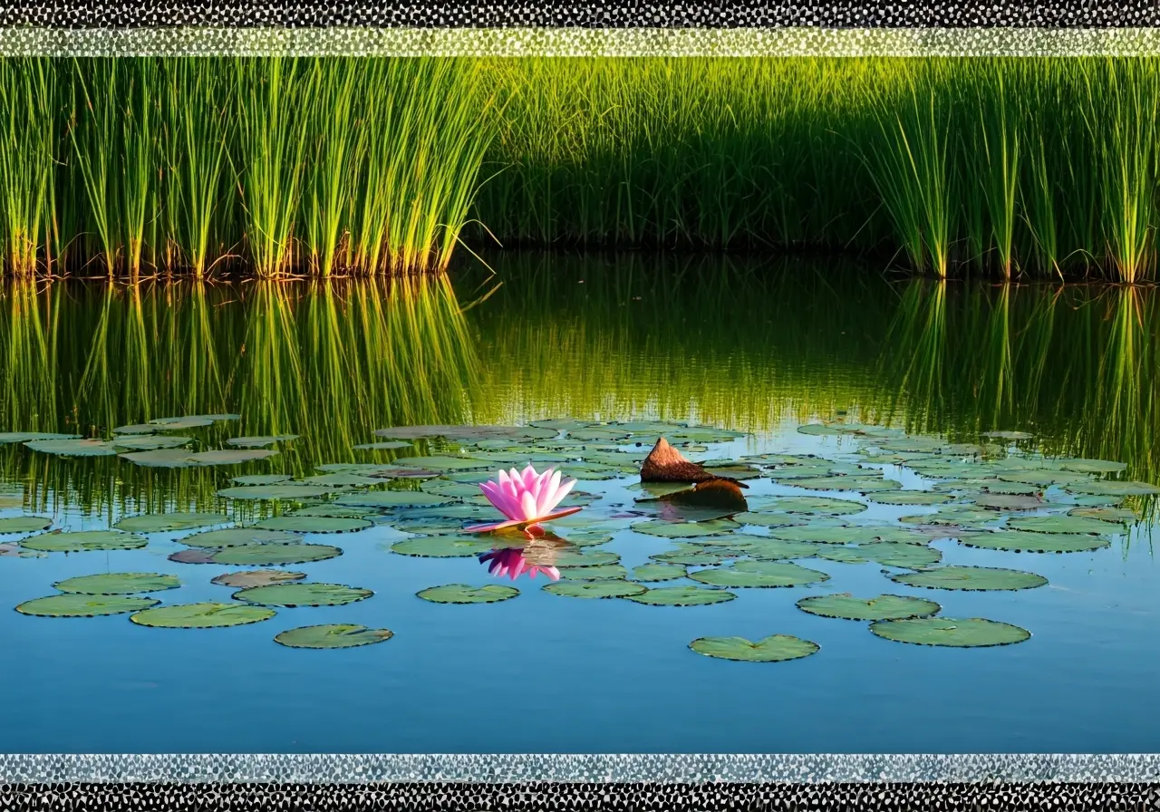 A serene landscape with a lotus flower on still water. 35mm stock photo