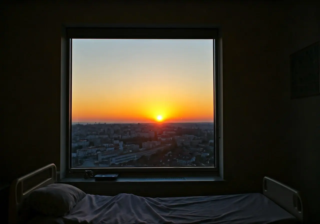 A serene sunset viewed from a peaceful, quiet hospital room. 35mm stock photo
