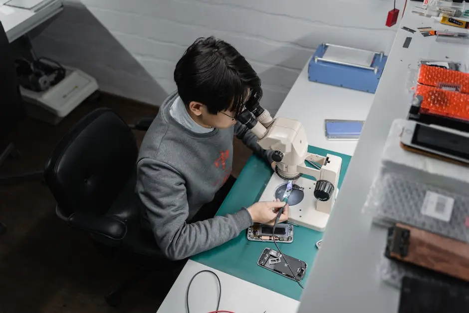 Technician works on smartphone repair under a microscope, indoors at a tech bench.