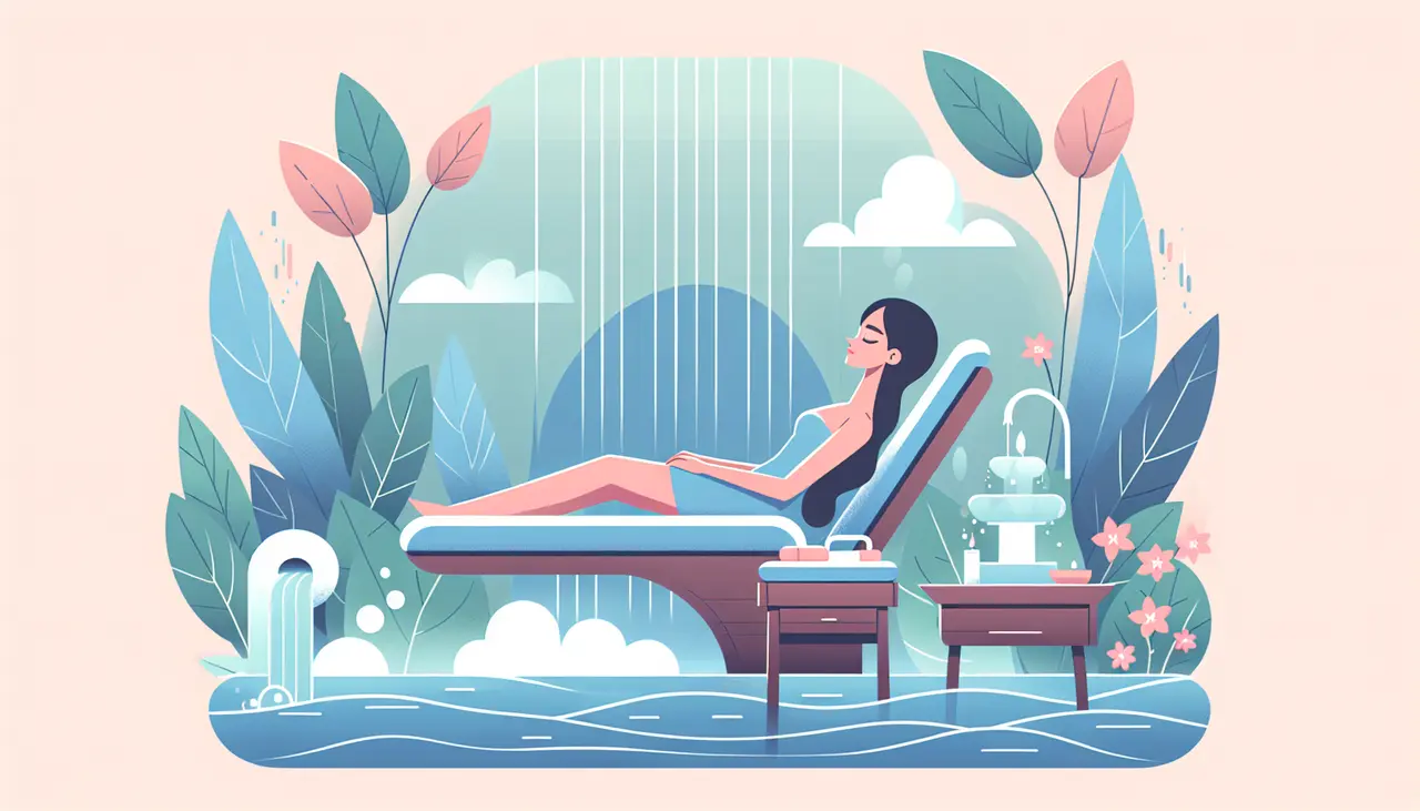 Draw a graphic in flat design style. A serene flat design illustration of a woman peacefully reclining in a spa chair, surrounded by soft pastel colors, with gentle waves symbolizing relaxation.