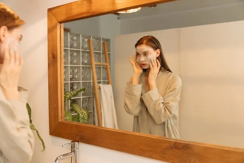 A woman applies a skincare mask while looking in the bathroom mirror, promoting healthy skin care routines.