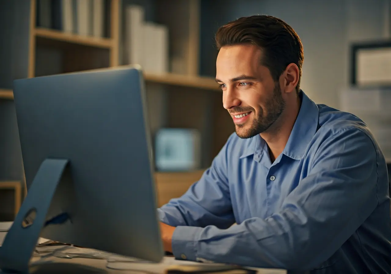 A smiling technician fixing a computer in a small office. 35mm stock photo