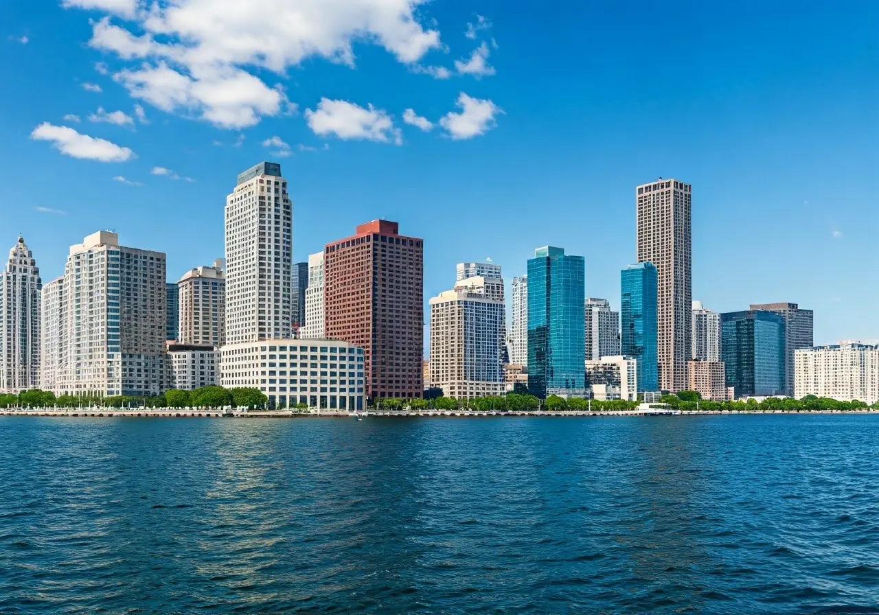 Long Island skyline with vibrant business district buildings. 35mm stock photo