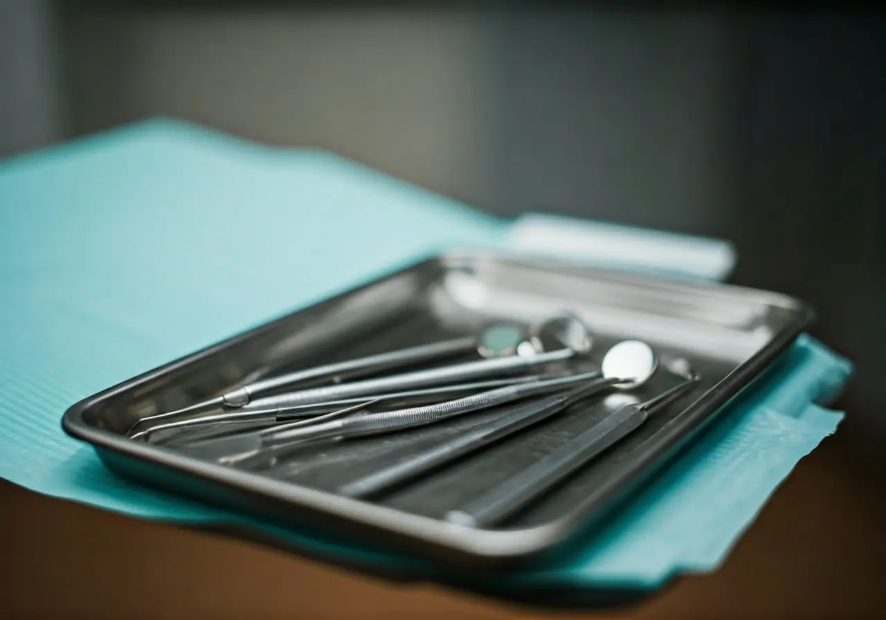 A dentist’s tools neatly arranged on a tray. 35mm stock photo