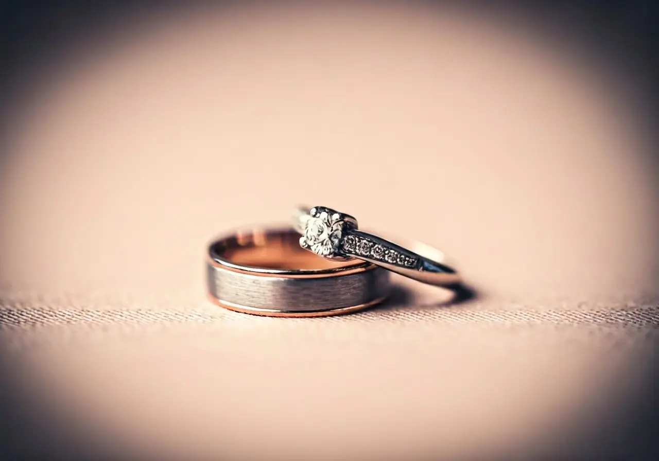 A pair of intertwined wedding rings on a soft background. 35mm stock photo