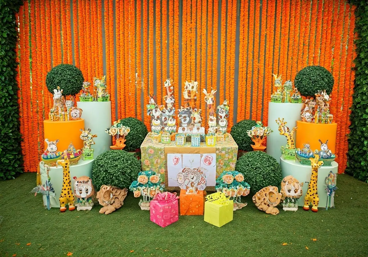 A colorful table display with animal-themed party decorations. 35mm stock photo