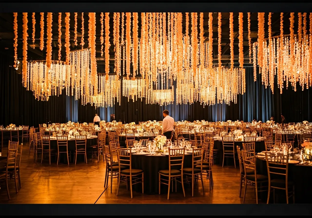 A bustling event venue with staff setting up decorations. 35mm stock photo