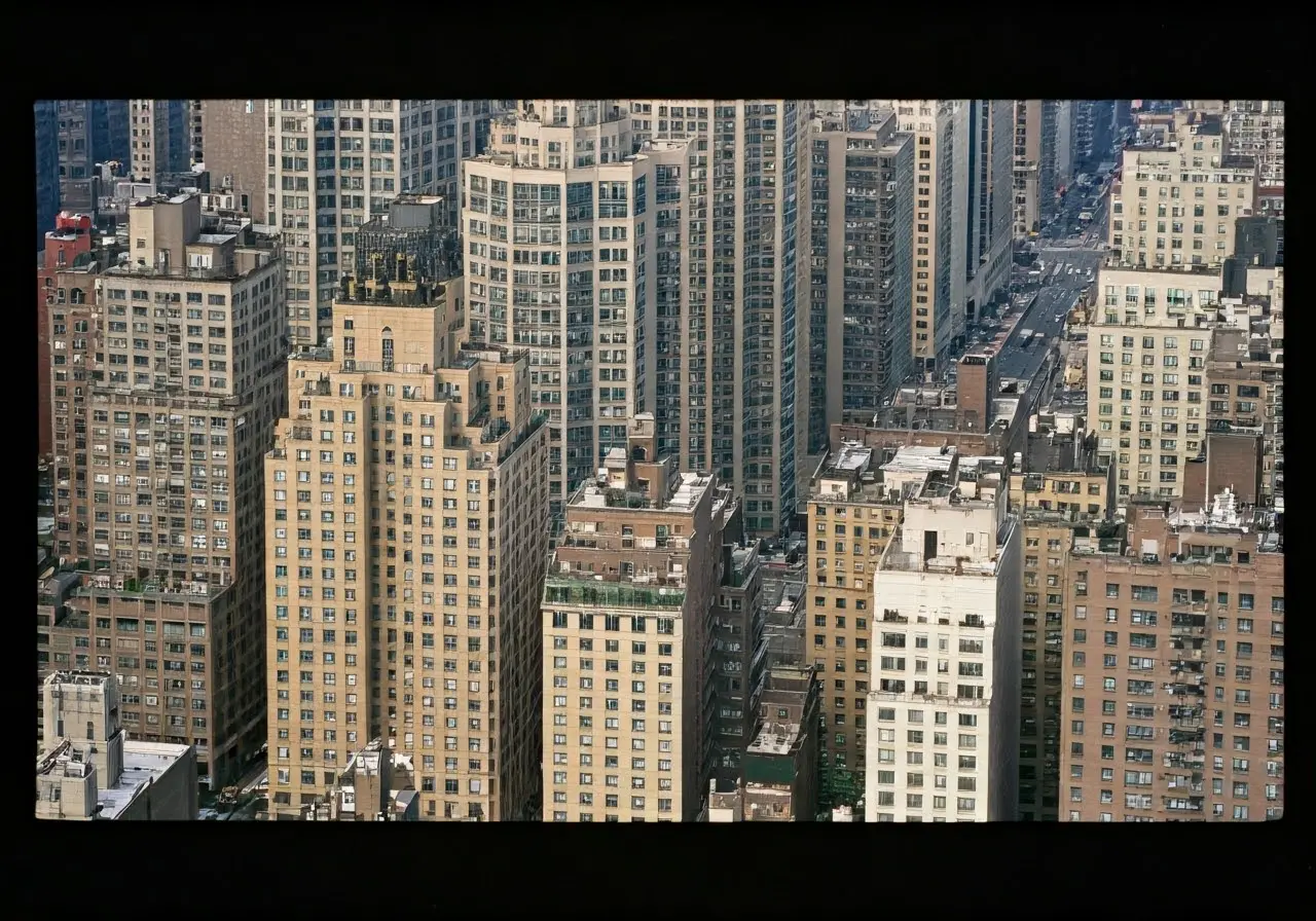 Aerial view of NYC skyline with apartment buildings. 35mm stock photo