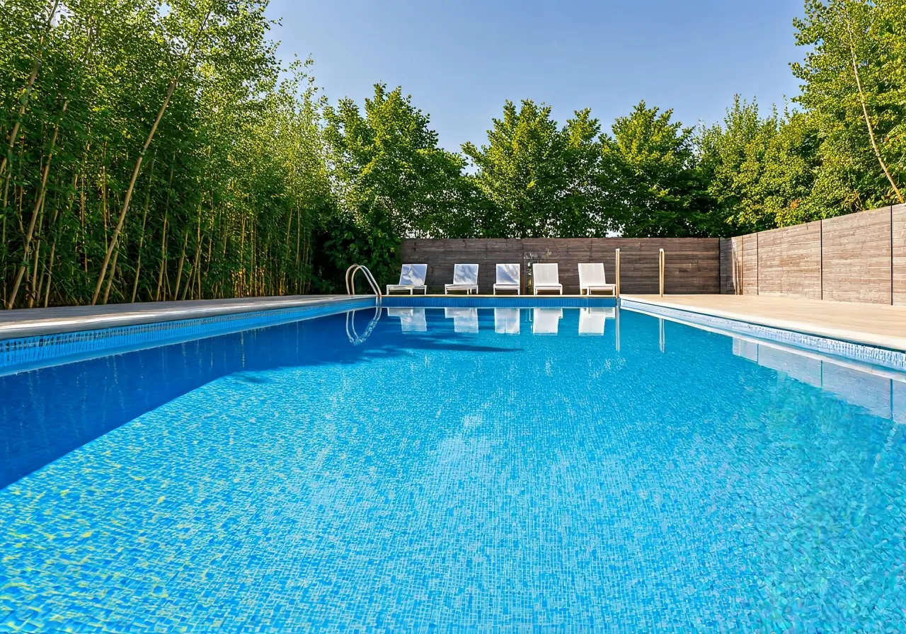 A modern, stylish pool with sleek, renovated features. 35mm stock photo