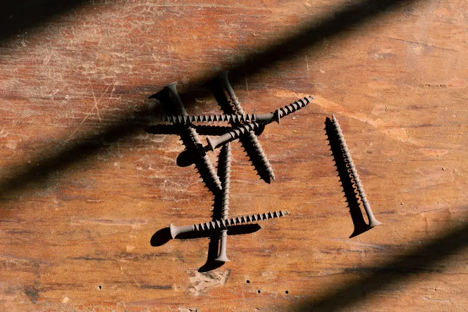 Close-up of rusty screws scattered on a wooden surface with dramatic shadows.