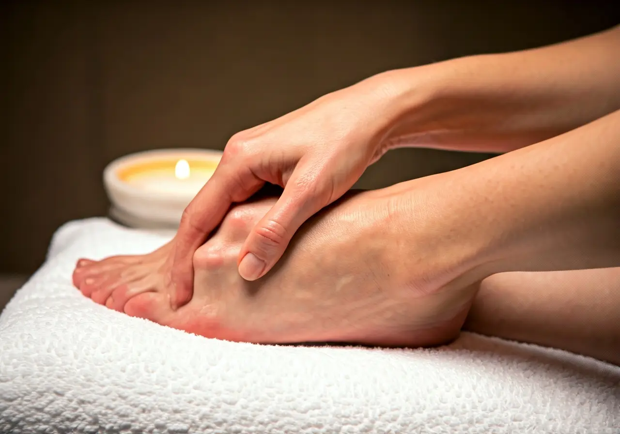 Close-up of hands massaging a foot on a white towel. 35mm stock photo