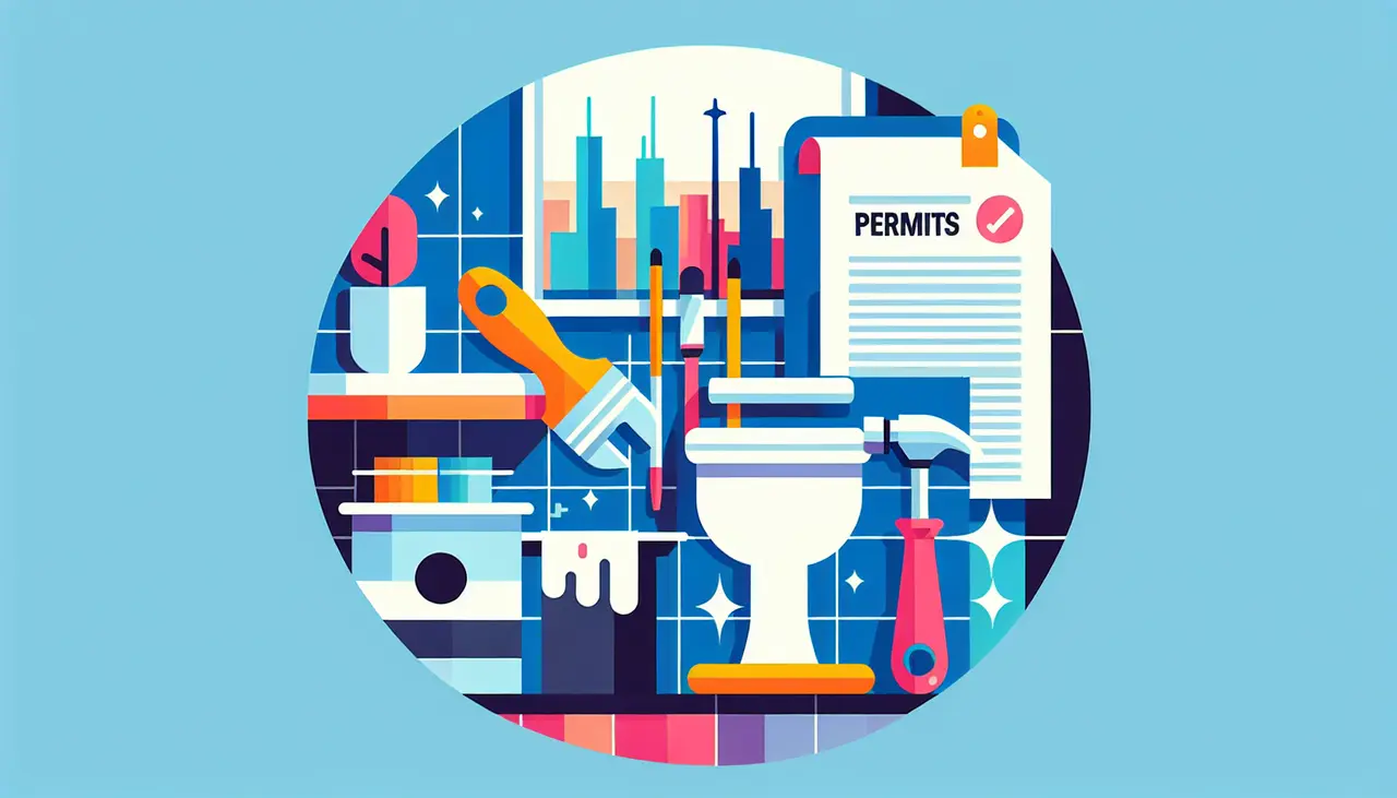 Draw a graphic in flat design style. A flat design illustration of a bathroom with renovation tools like a paintbrush and a wrench, alongside a document labeled Permits with Mississauga cityscape in the background.
