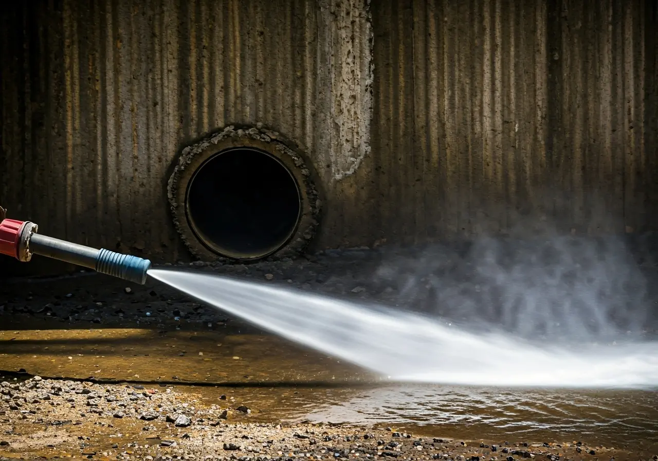 A high-pressure water jet cleaning a clogged urban pipe. 35mm stock photo