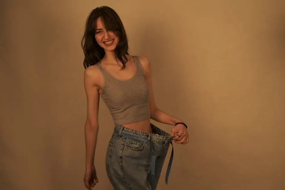 Joyful woman shows success in weight loss by wearing loose jeans. Healthy lifestyle concept.