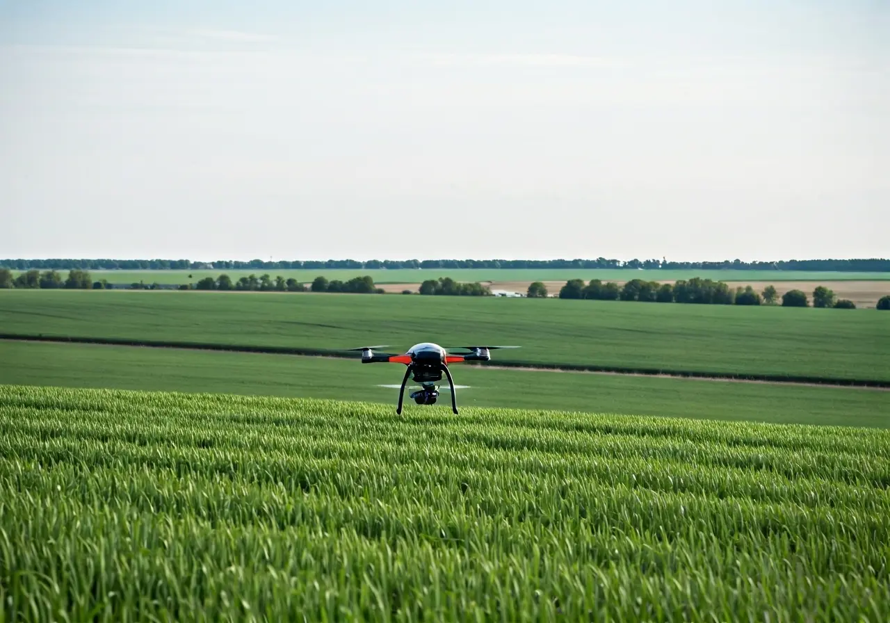 A drone spreading fertilizer over a large agricultural field. 35mm stock photo