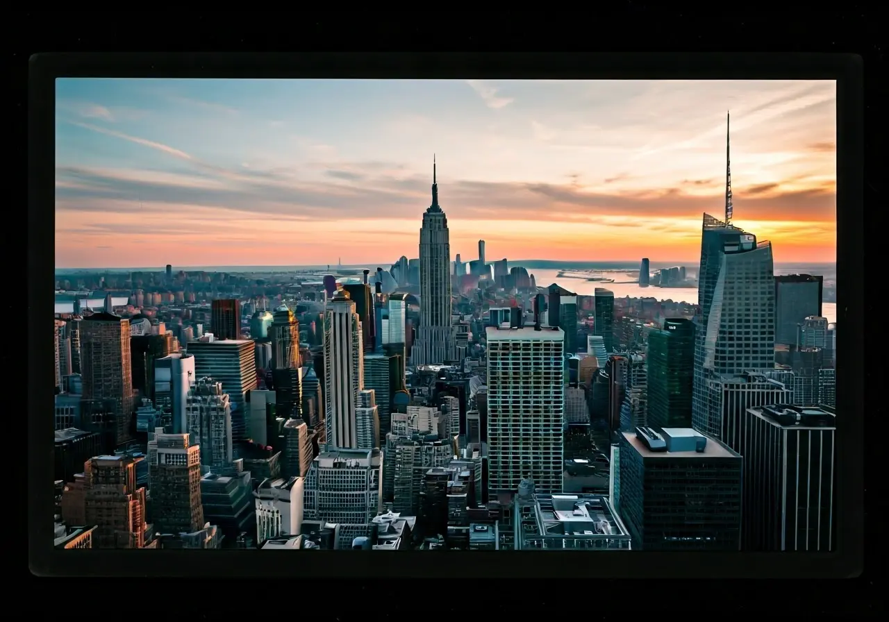 Aerial view of New York City skyline at sunset. 35mm stock photo