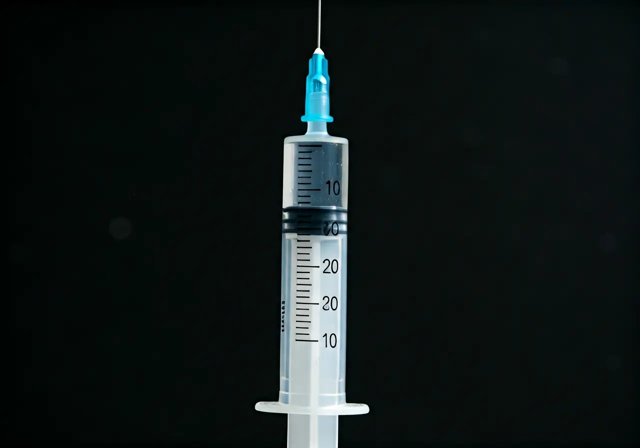 A close-up of a syringe with clear liquid inside. 35mm stock photo