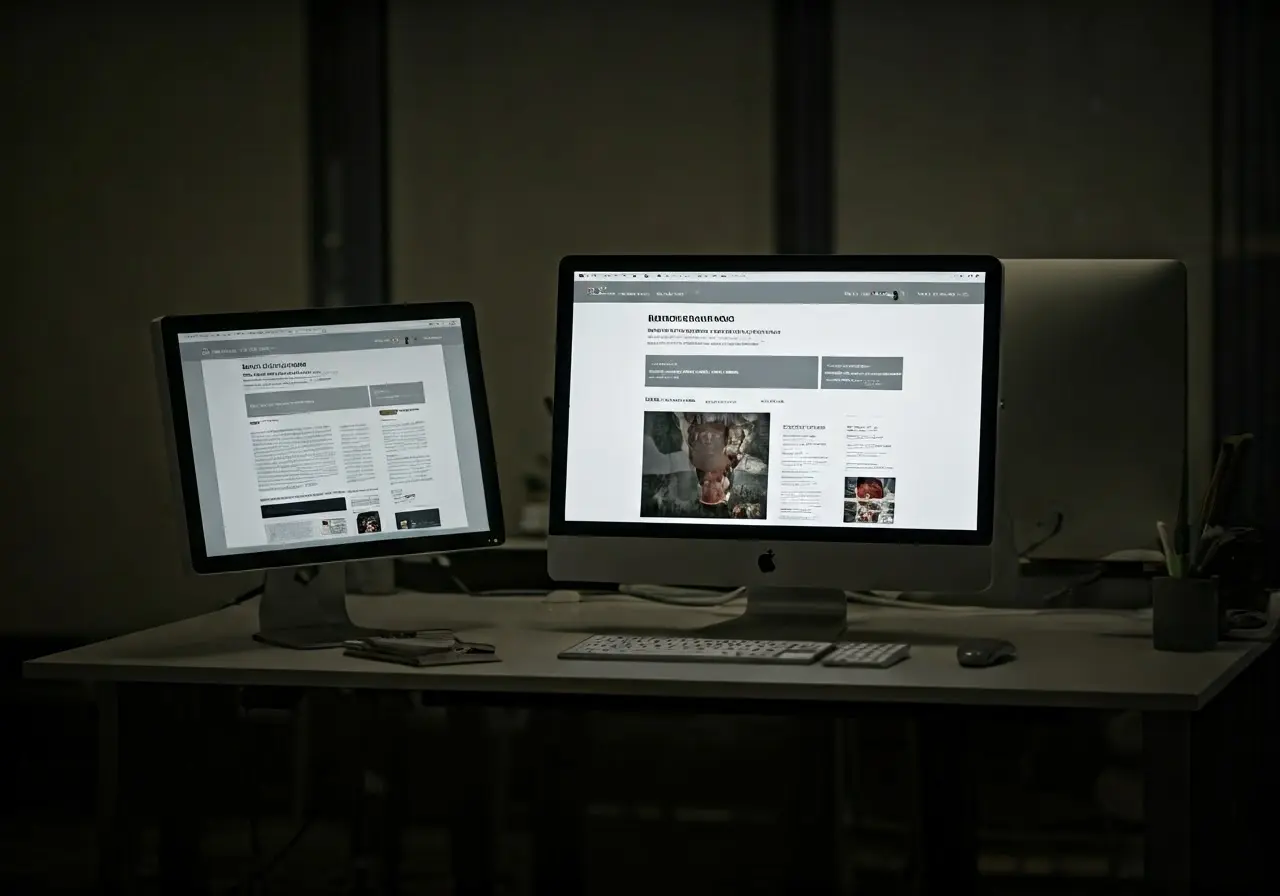 A sleek, modern office with computers displaying website redesigns. 35mm stock photo