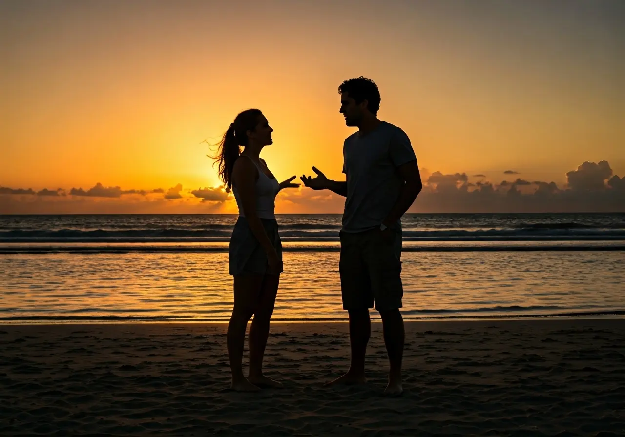 A silhouette of a couple arguing at sunset beach. 35mm stock photo