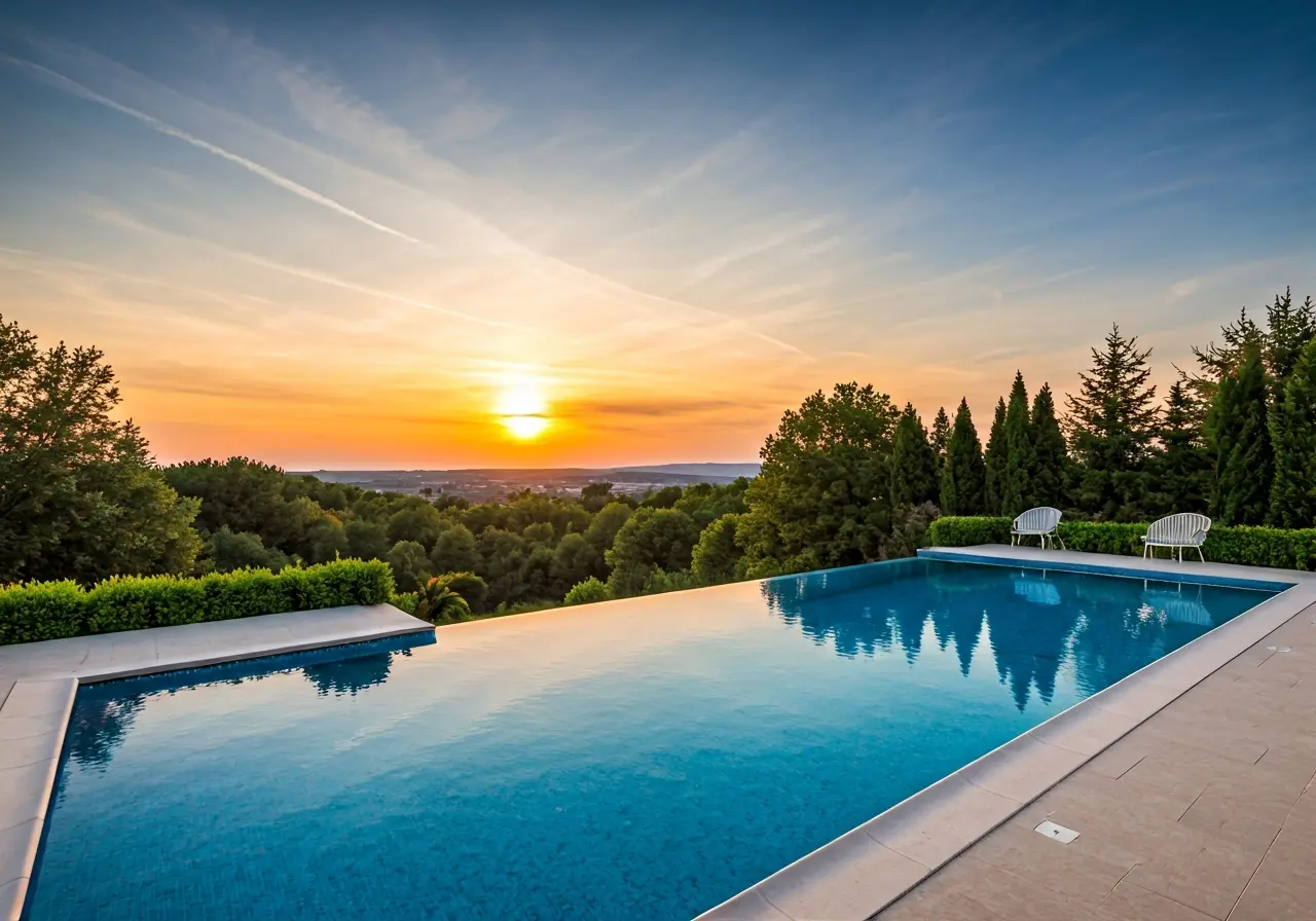 Sunset view over a renovated swimming pool with garden landscaping. 35mm stock photo