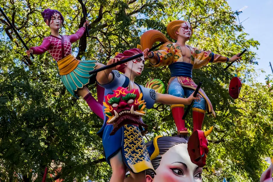 Colorful Japanese festival figures in an outdoor setting showing cultural artistry.