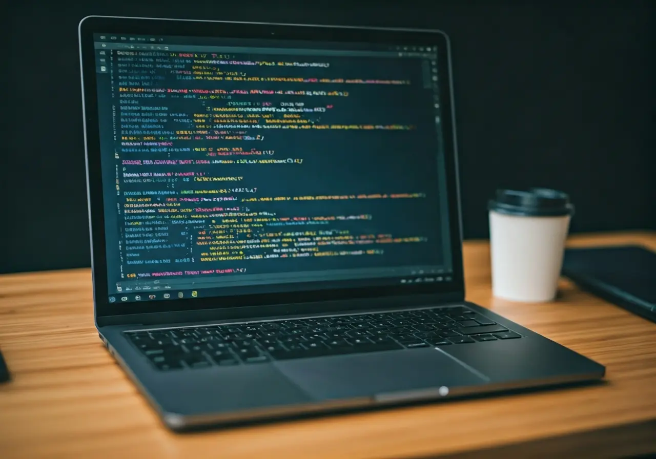 A laptop displaying custom software code on a wooden desk. 35mm stock photo