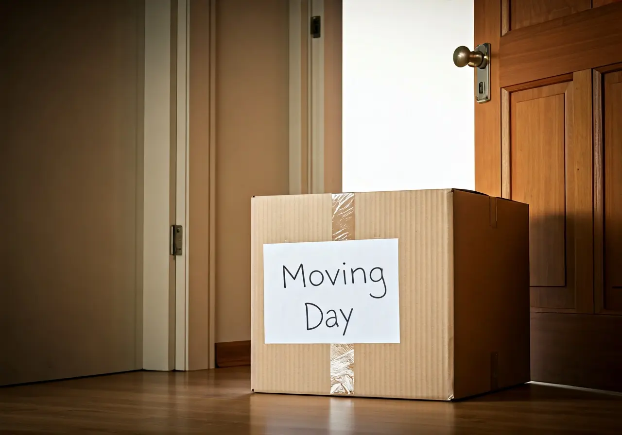 A packed cardboard box labeled Moving Day near an open door. 35mm stock photo