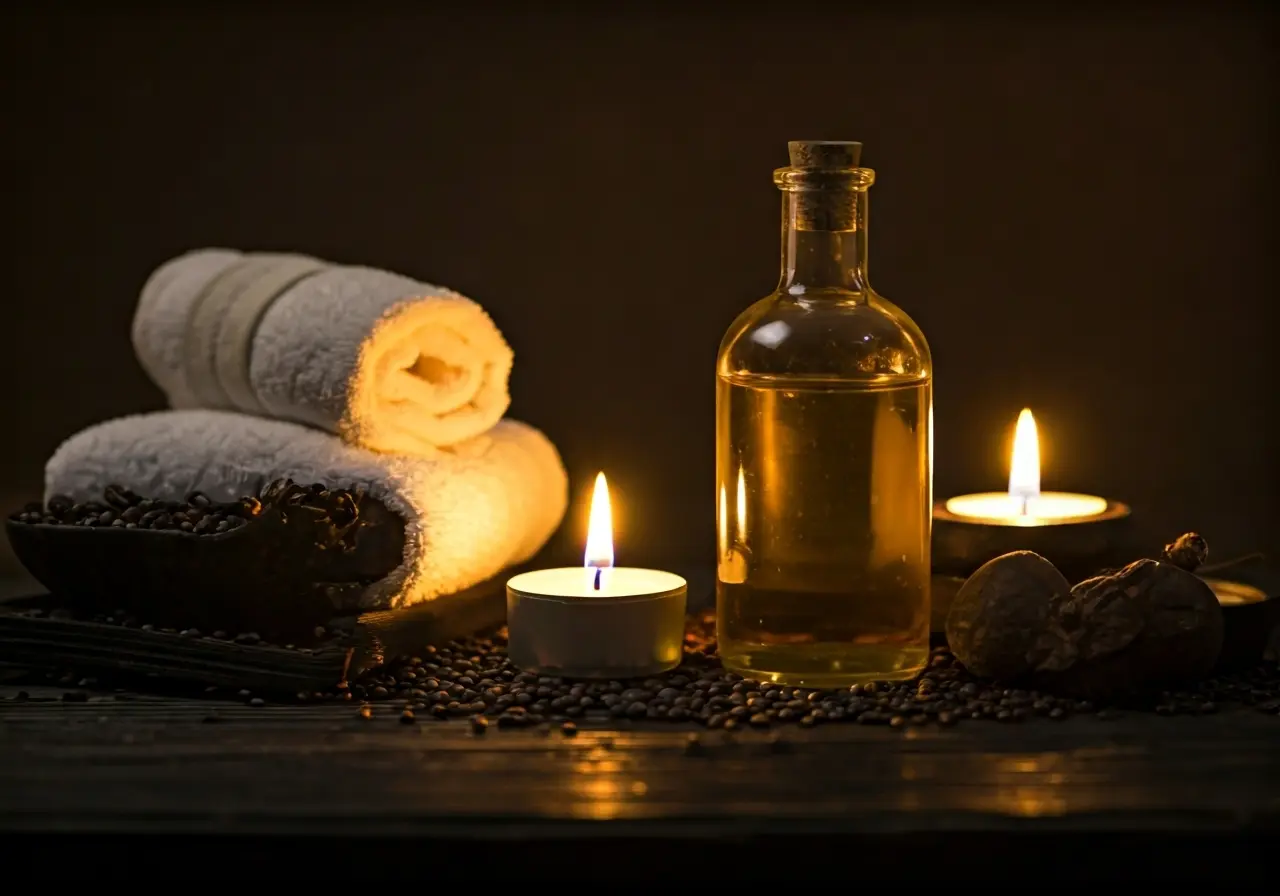 A serene spa setting with candles and massage oil. 35mm stock photo