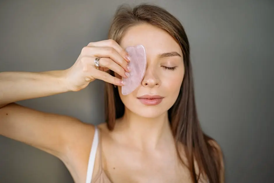 A serene woman enjoying a soothing facial massage with a rose quartz gua sha tool.