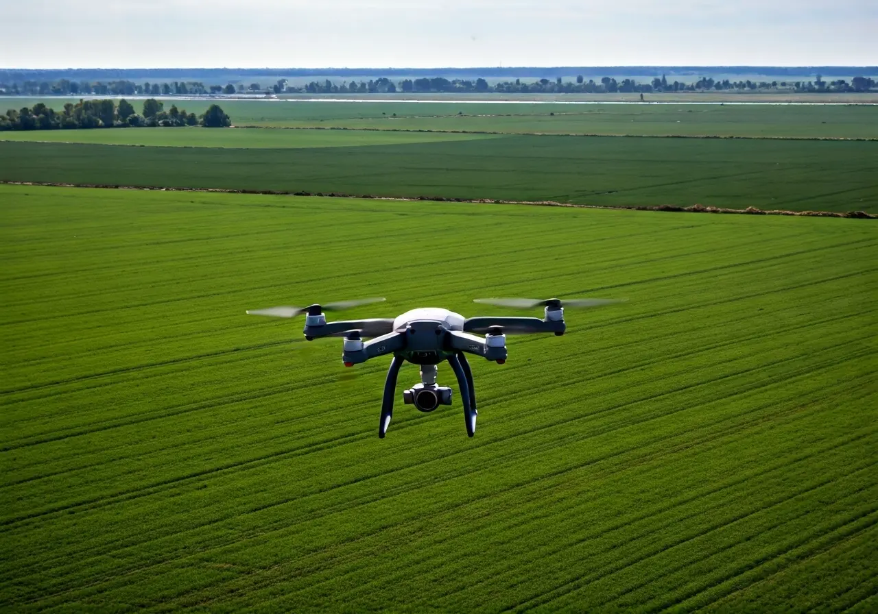 A drone flying over a sprawling green agricultural field. 35mm stock photo