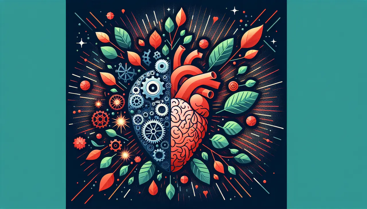 Draw a graphic in flat design style. A flat design illustration of a human heart with gears, leaves, and a glowing brain surrounding it, symbolizing the benefits of CoQ10 for the heart, body, and mind.