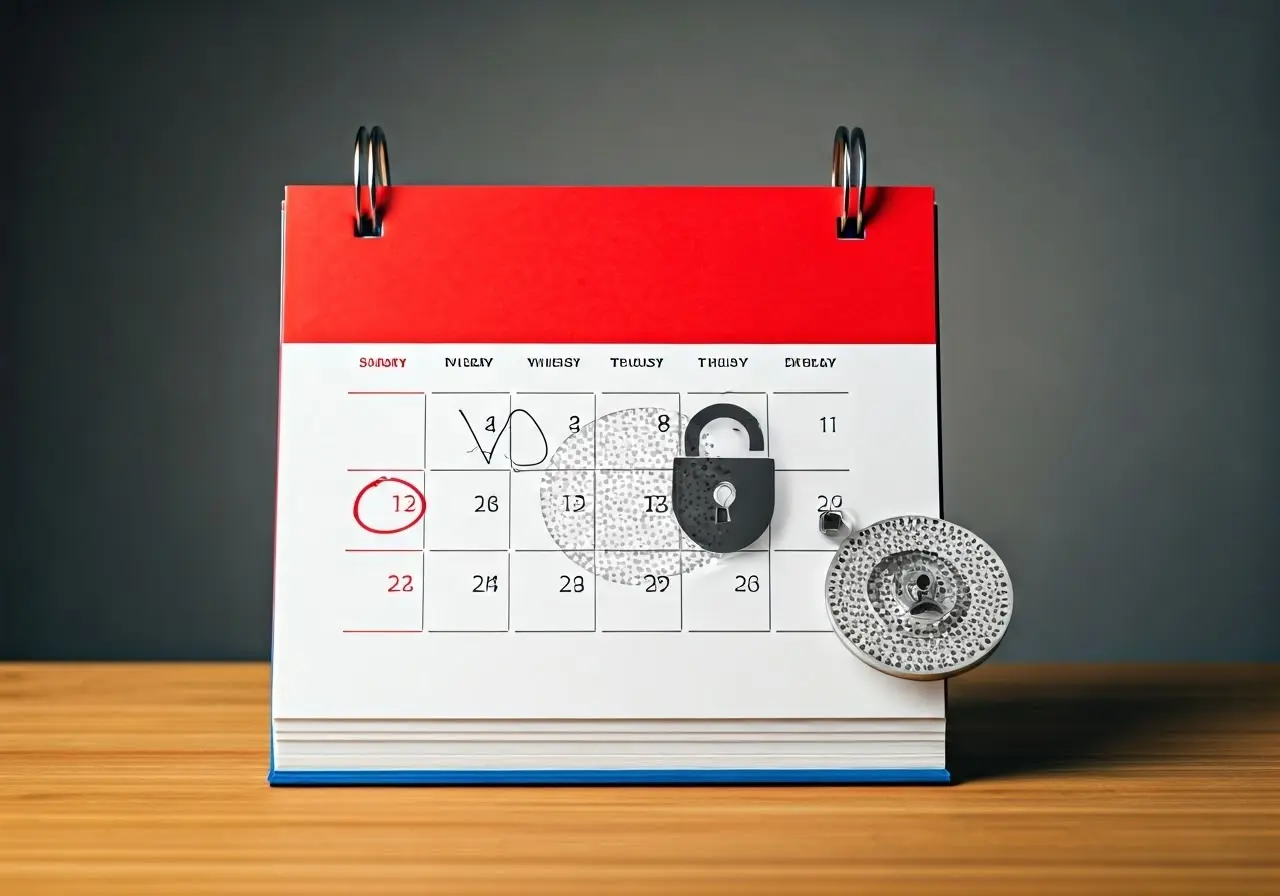 A calendar with marked dates and a digital lock icon. 35mm stock photo
