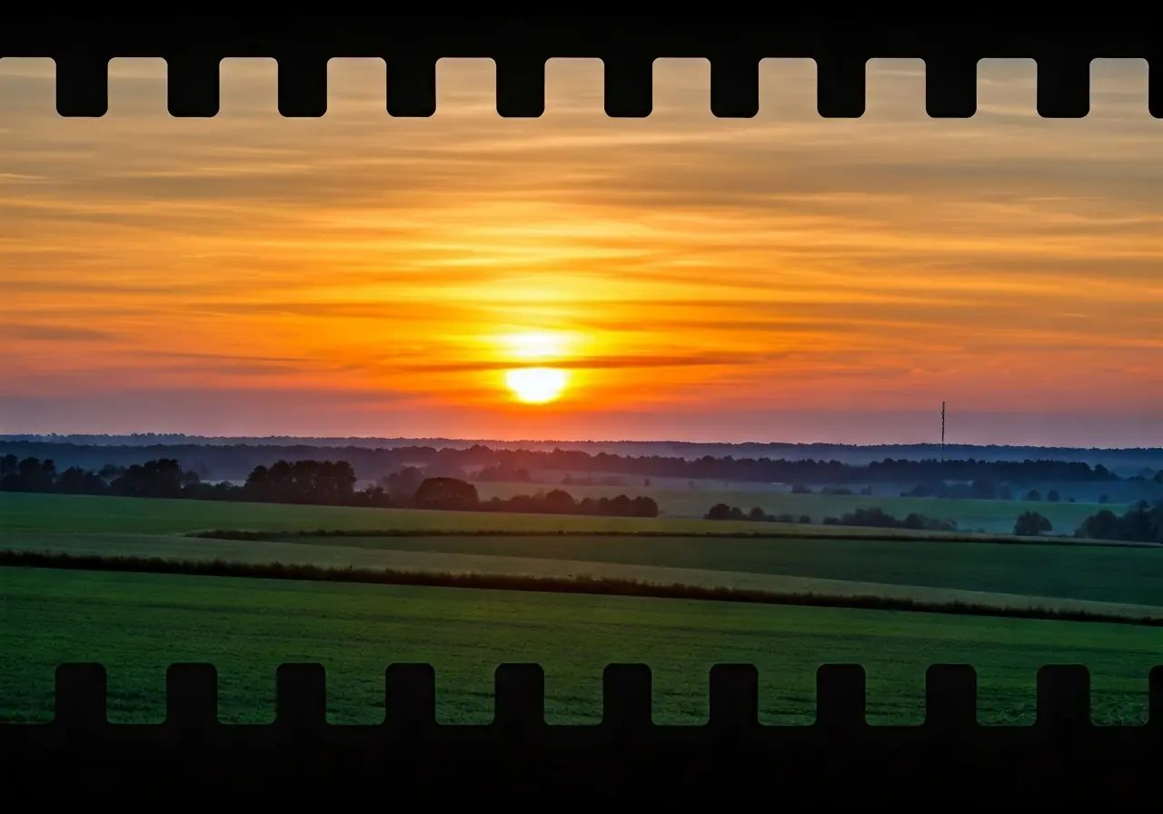 A serene sunset over a peaceful countryside landscape. 35mm stock photo