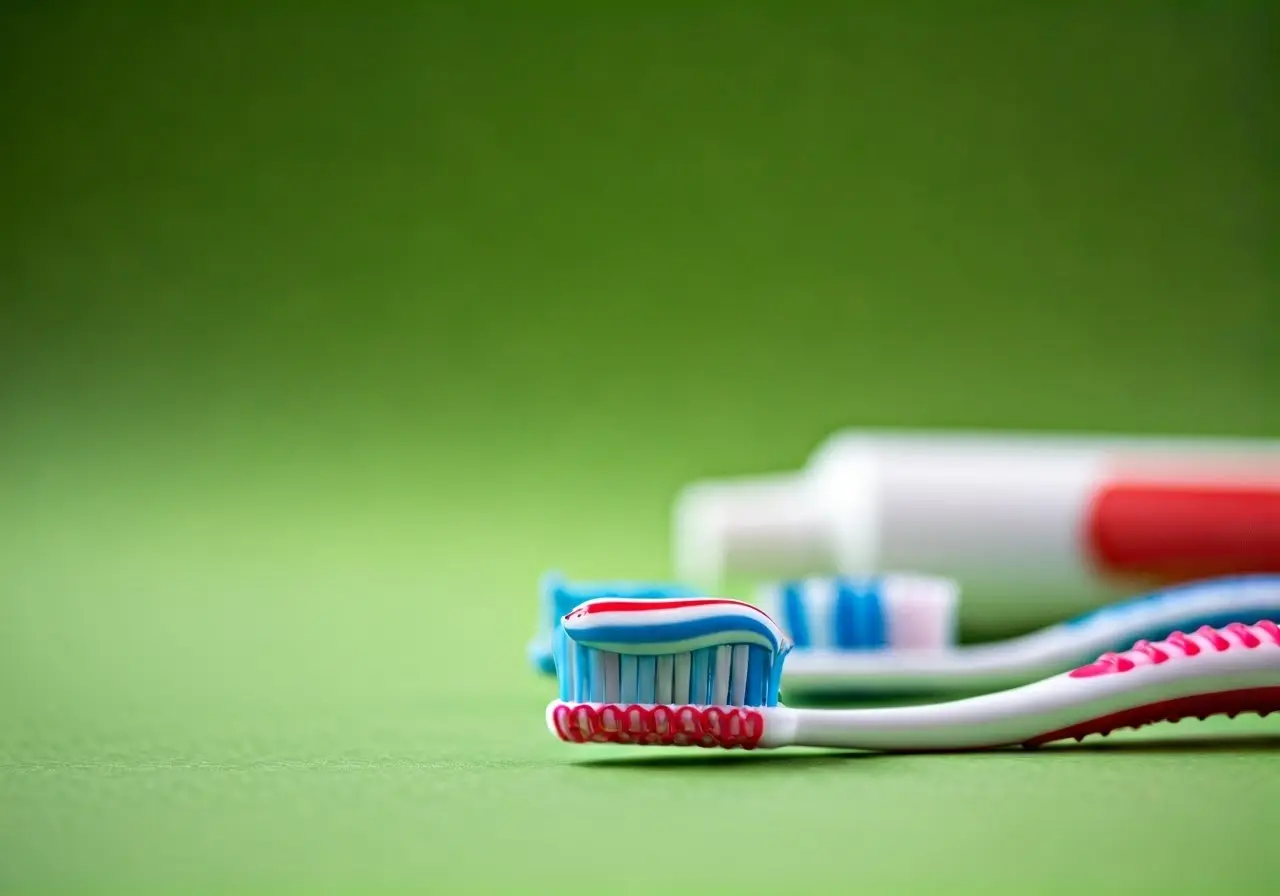 Colorful toothbrushes and toothpaste on a child-themed background. 35mm stock photo